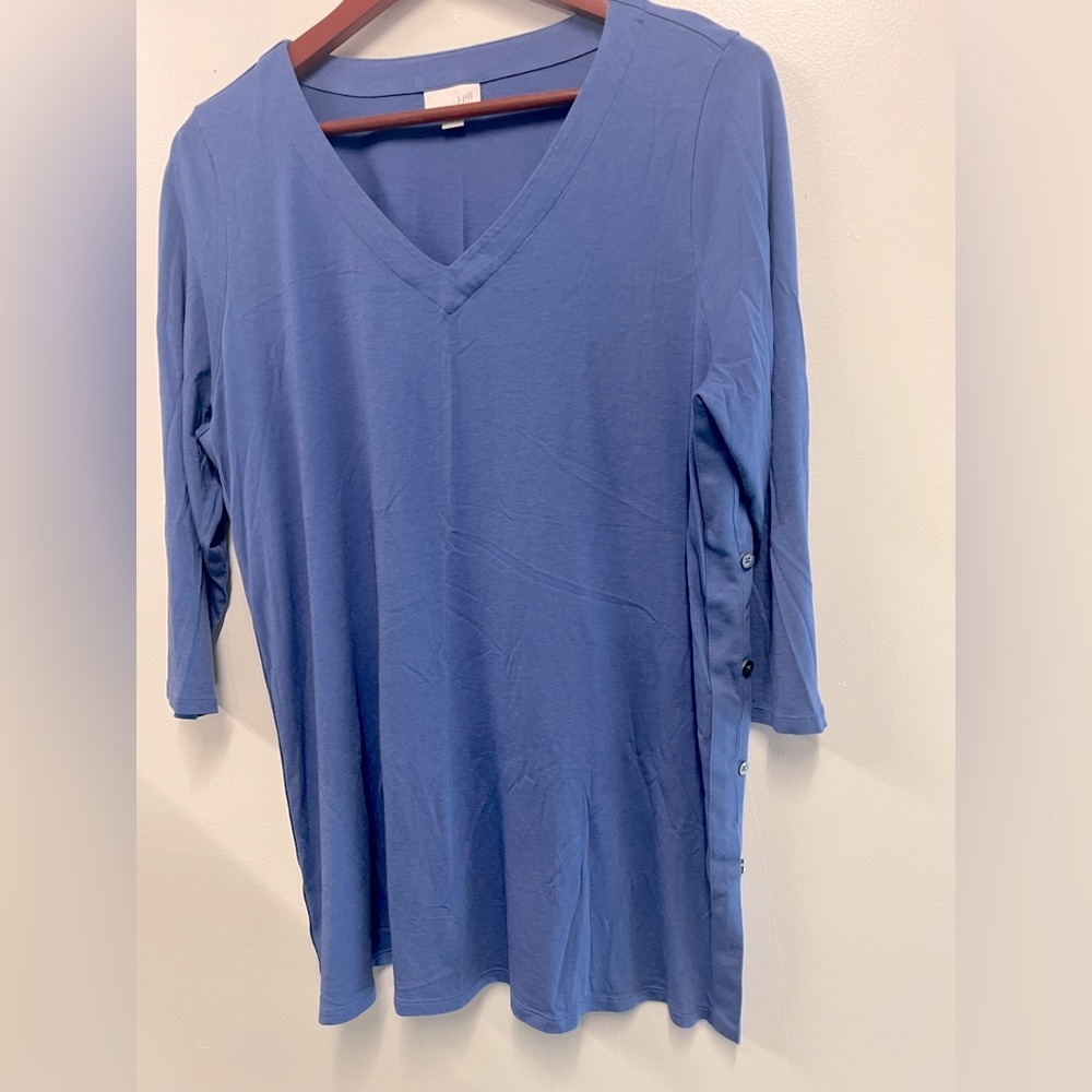 J. Jill V-Neck Pullover Blue Knit Top Women’s L Side Button Slit Tunic